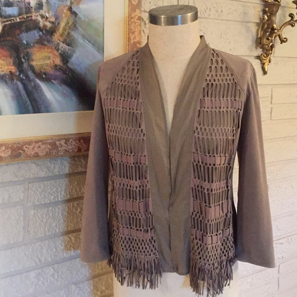 Chico’s Suede Lazer Cutout Fringe Jacket